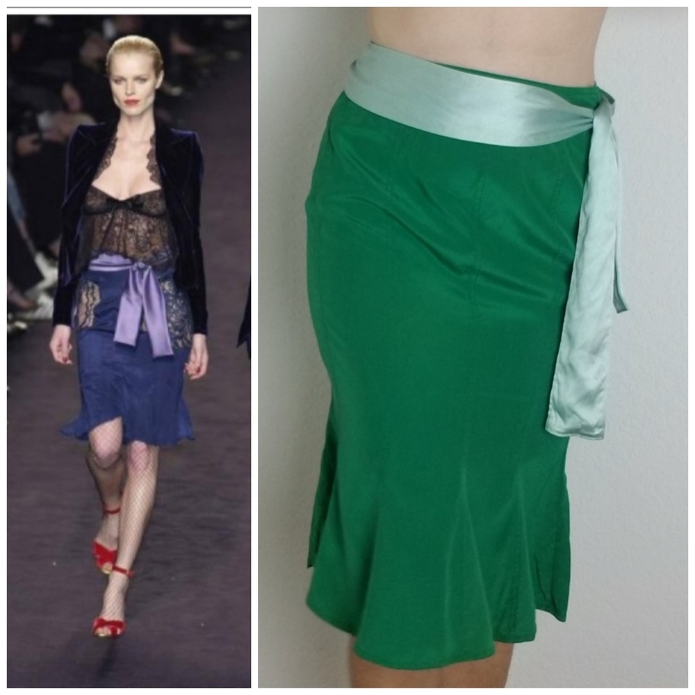 YSL Emerald Green Silk Pencil Skirt w/ Waist Sash